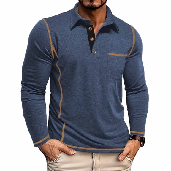 BRGZLK Men's Casual Long Sleeve Polo Shirts Solid Color Half Button Classic Stylish Long Sleeve Base Layer Shirt Top with Pocket Dark Blue S