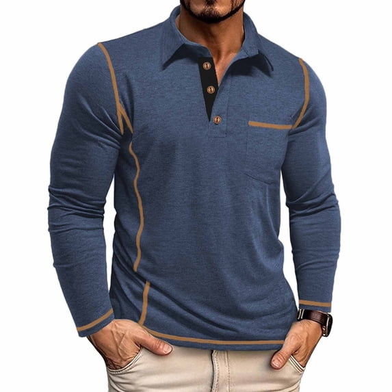 BRGZLK Men's Casual Long Sleeve Polo Shirts Solid Color Half Button Classic Stylish Long Sleeve Base Layer Shirt Top with Pocket Dark Blue S