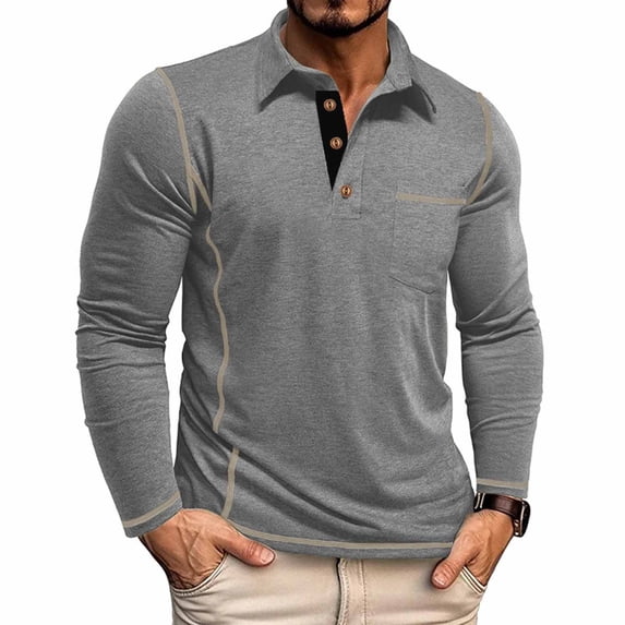 BRGZLK Men's Casual Long Sleeve Polo Shirts Solid Color Half Button Classic Stylish Long Sleeve Base Layer Shirt Top with Pocket Gray M