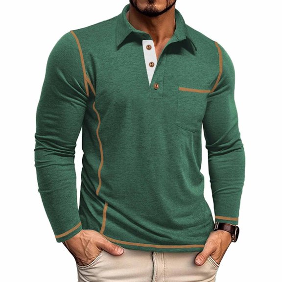 BRGZLK Men's Casual Long Sleeve Polo Shirts Solid Color Half Button Classic Stylish Long Sleeve Base Layer Shirt Top with Pocket Green M
