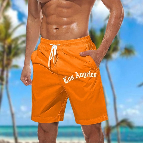 BRGZLK Men's Classic Shorts Summer Daily Casual Letter Print Elastic Waist Drawstring Lightweight Cozy Beach Shorts with Pockts Orange XL
