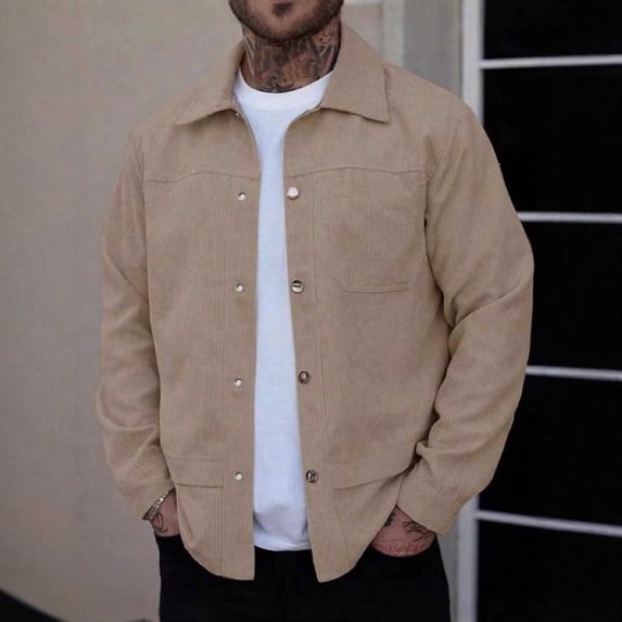 BRGZLK Men's Corduroy Jacket Fashion Comfy Solid Color Long Sleeve Turn Down Collar Button Cahual Overshirt with Pocket Khaki XL