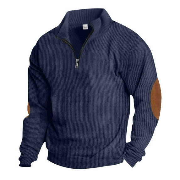BRGZLK Men's Corduroy Sweatshirts, Fall Winter Trendy Color-Blocked Stand Up Collar Zipper Long Sleeved Henley Pullover Top Navy XL