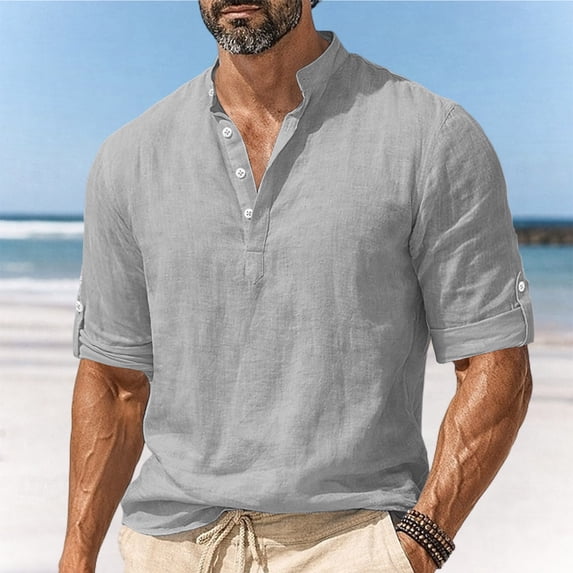 BRGZLK Men's Cotton Linen Henley Shirts 3/4 Sleeve Solid Color Lightweight Quick-Drying Stylish Casual Button-Down Basic Pullover T Shirt for Daily Wear Summer Vacation Gray XXL