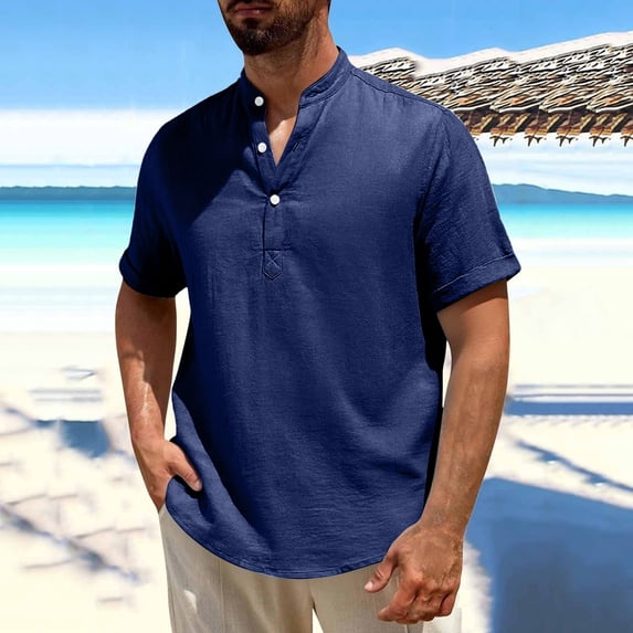 BRGZLK Men's Cotton Linen Shirt Summer Henley Fashion Solid Color Casual Breathable Half Button-Down Stand Collar Short Sleeve Shirt Top Blue XXXL