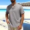 thumbnail image 1 of BRGZLK Men's Cotton Linen Shirt Summer Henley Fashion Solid Color Casual Breathable Half Button-Down Stand Collar Short Sleeve Shirt Top Gray S, 1 of 5