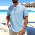 thumbnail image 1 of BRGZLK Men's Cotton Linen Shirt Summer Henley Fashion Solid Color Casual Breathable Half Button-Down Stand Collar Short Sleeve Shirt Top Light Blue M, 1 of 5