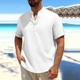 thumbnail image 1 of BRGZLK Men's Cotton Linen Shirt Summer Henley Fashion Solid Color Casual Breathable Half Button-Down Stand Collar Short Sleeve Shirt Top White XXL, 1 of 5