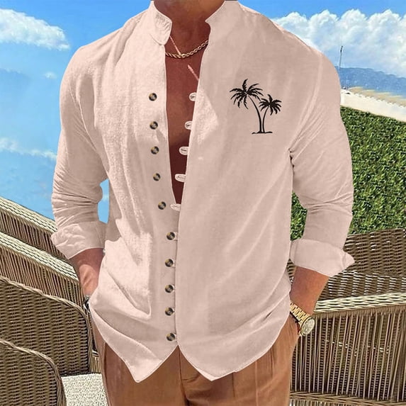 BRGZLK Men's Cotton Linen Shirts Summer Trendy Casual Fashion Print Multi-Button Mandarin Collar Frog-Button Closure Long Sleeve Roll-Up Sleeve Shirt Top Pink XL