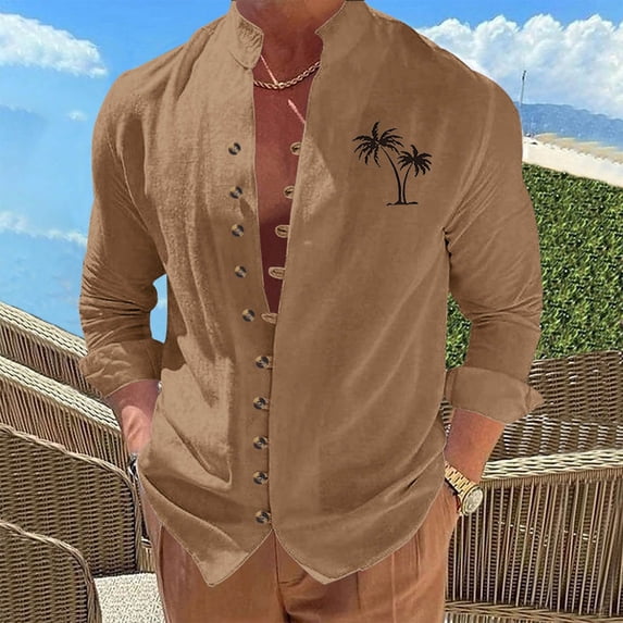 BRGZLK Men's Cotton Linen Shirts Summer Trendy Casual Fashion Print Multi-Button Mandarin Collar Frog-Button Closure Long Sleeve Roll-Up Sleeve Shirt Top Coffee XL