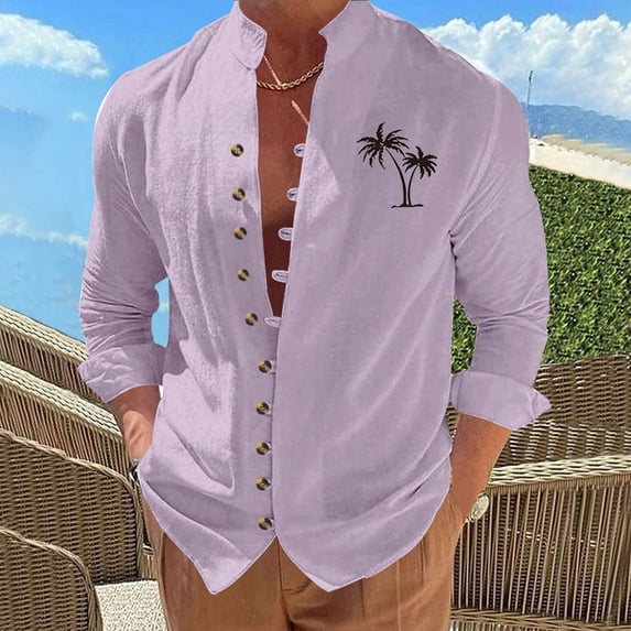 BRGZLK Men's Cotton Linen Shirts Summer Trendy Casual Fashion Print Multi-Button Mandarin Collar Frog-Button Closure Long Sleeve Roll-Up Sleeve Shirt Top Purple L