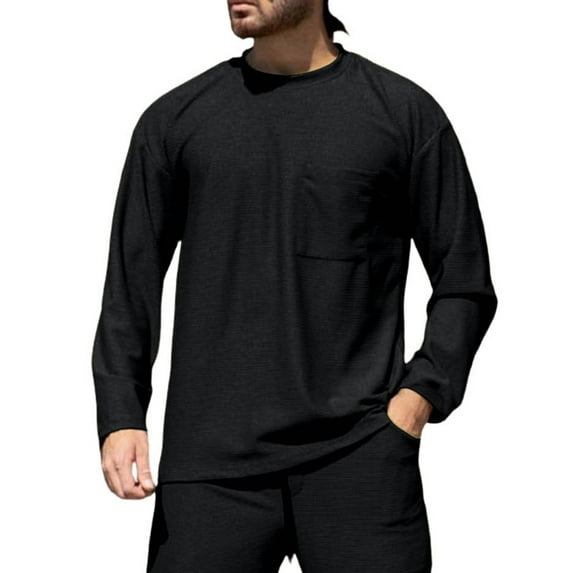 BRGZLK Men's Cotton Tops Solid Color Long Sleeve Fashion Loose Fit Crewneck Casual T Shirt with Pocket Black L