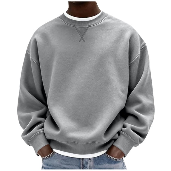 BRGZLK Men's Crewneck Sweatshirt 2026 Fall Winter Casual Long Sleeves Warm Basic Pullover Shirts Solid Color Soft Comfortable Tops Gray XXL