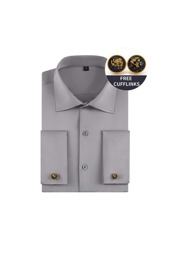 Men's Dress Shirt Solid Color French Cuff Casual Business Turn Down Collar Button Long Sleeve Slim Fit Shirt Gray XXXL
