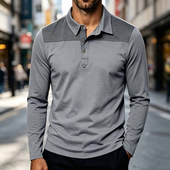 BRGZLK Men's Fall Golf Shirts 2026 Color Block Regular Fit Long Sleeve Button Up Casual T-Shirts Soft Comfy Stretchy Business Athletic Tee Tops Gray L