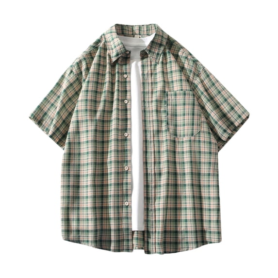 BRGZLK Men's Fashion Plaid Shirt Summer Button Up Short Sleeve Turn-Down Collar Soft Lightweight Baggy Breathable Shirt with Pockets Green XXL