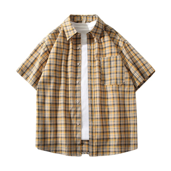 BRGZLK Men's Fashion Plaid Shirt Summer Button Up Short Sleeve Turn-Down Collar Soft Lightweight Baggy Breathable Shirt with Pockets Yellow L