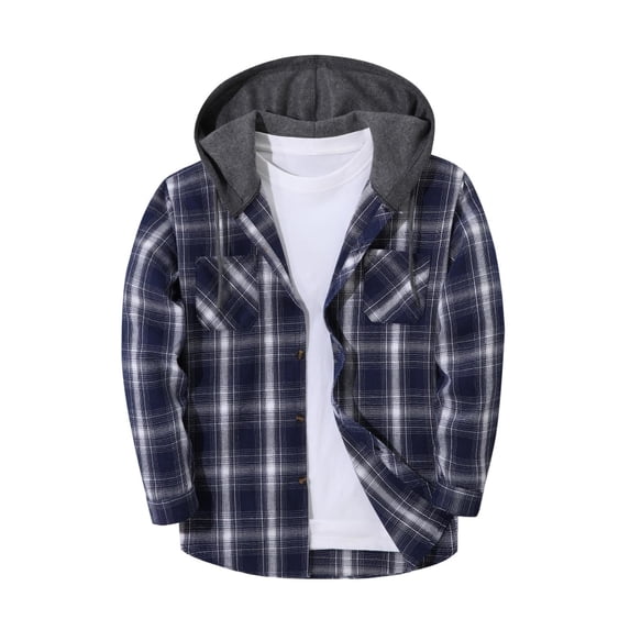 BRGZLK Men's Flannel Jackets Fall Winter Stylish Plaid Hooded Long Sleeve Button Down Lightweight Soft Warm Coats with Pocket for Outdoor Activity Hunting Hiking Blue S