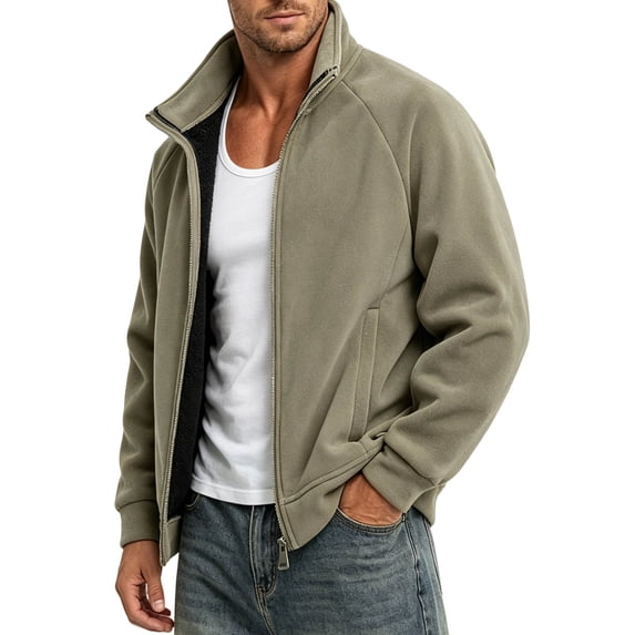 BRGZLK Men's Fleece Jacket Stand Collar Full Zip Long Sleeve Baggy Plus Size Warm Coat with Pockets Fall Winter Fashion Coats 2026 Khaki XL