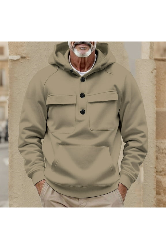 Men's Henley Hoodie Spring Fall Long Sleeve Sports Outdoor Quarter Button Hoodie Daily Streetwear Cool Casual Clothing with Pocket Beige M