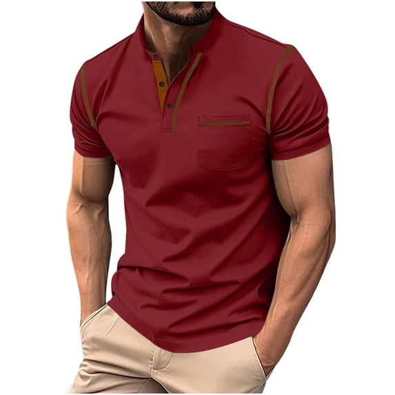BRGZLK Men's Henley Shirts Summer Color Block Short Sleeve Casual Basic T-Shirts Classic Lightweight Collared Pullover Tee Tops with Pockets Wine XL