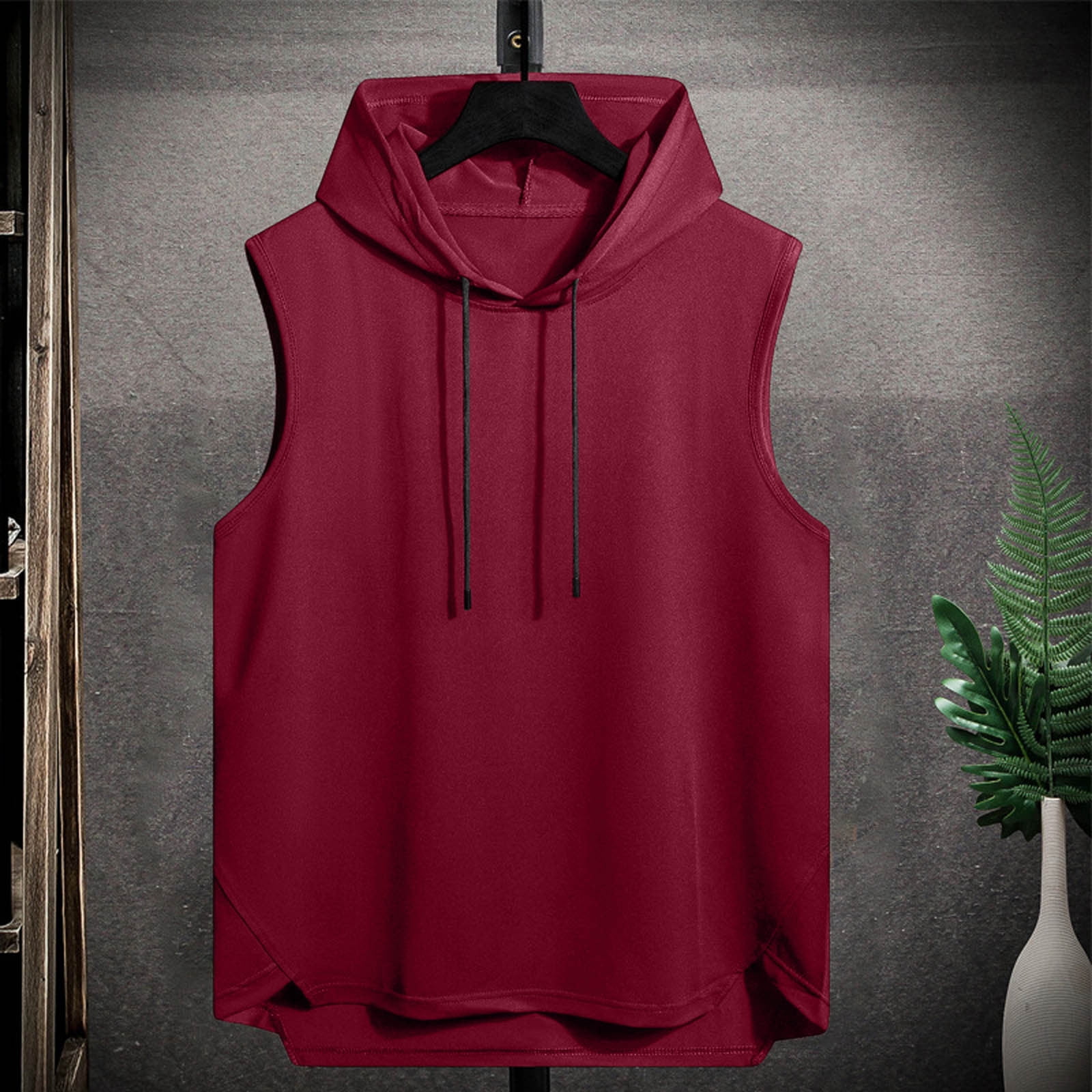BRGZLK Men's Hooded Tank Tops Solid Color Casual Drawstring High Low ...