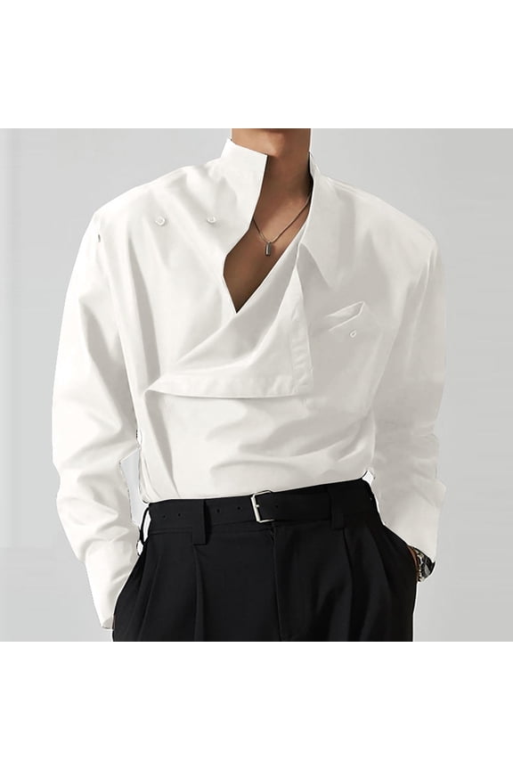 Men's Irregular Collar Neck Shirts Trendy French Retro Pocket Solid Color Long Sleeve Button Down Top Shirt for Spring Summer White L