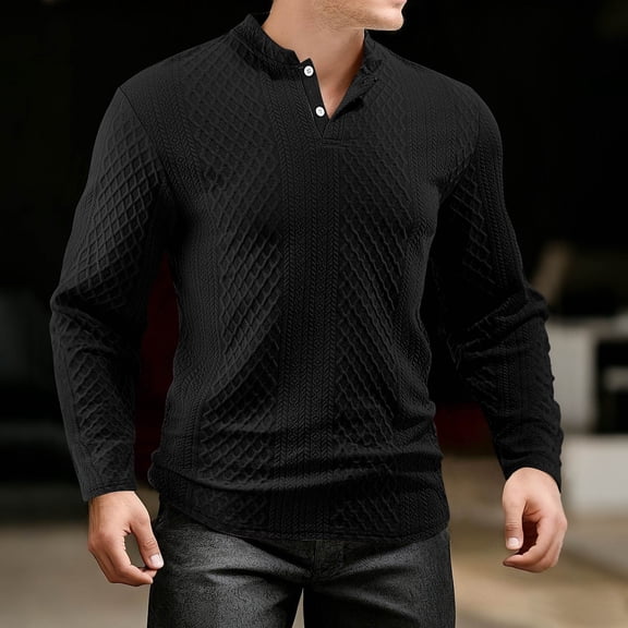 BRGZLK Men's Jacquard Muscle Shirts Solid Color Long Sleeve Round Neck Pullover Sweatshirt Fashion Casual Tops for Spring Daily Weraing Black L