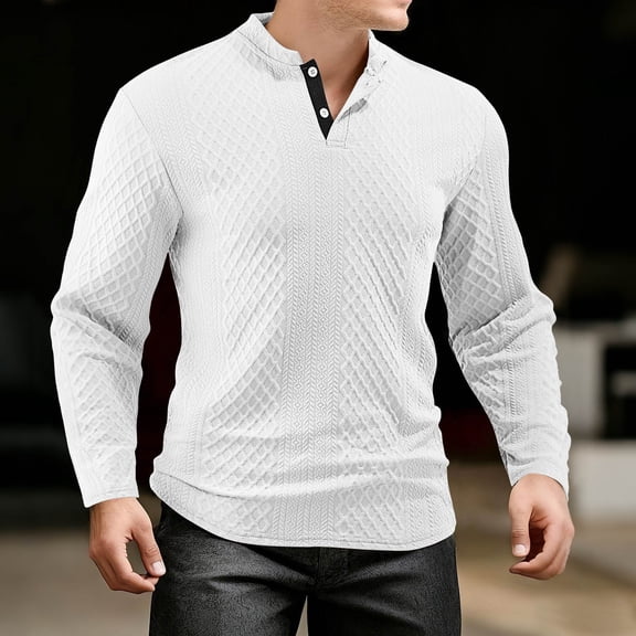 BRGZLK Men's Jacquard Muscle Shirts Solid Color Long Sleeve Round Neck Pullover Sweatshirt Fashion Casual Tops for Spring Daily Weraing White M