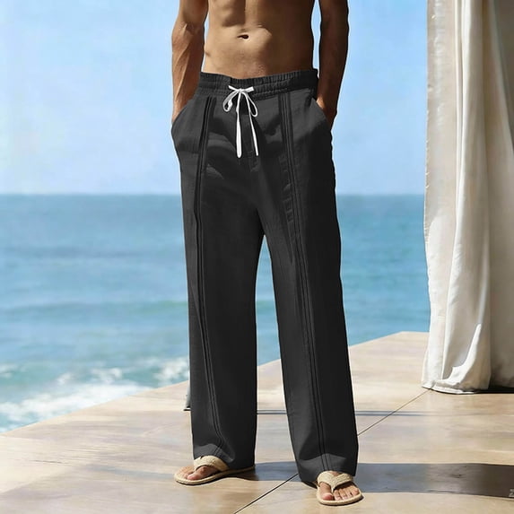 BRGZLK Men's Linen Joggers Pants Summer Relaxed Straight Leg Pants Loose Drawstring Pants Solid Color Textured Pants Long Trousers Beach Pant Casual Cotton Comfy