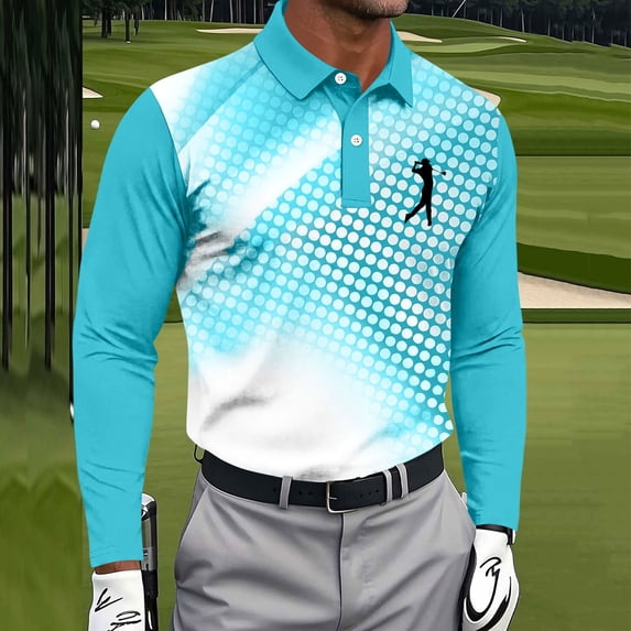 BRGZLK Men's Long Sleeve Tops 2026 Fall Winter Button Down Collared Printed Lightweigt Breathable Golf Sports Tee Shirt Outdoor Workout Casual Pullover T-shirt Sky Blue 2XL
