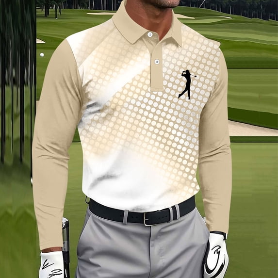 BRGZLK Men's Long Sleeve Tops 2026 Fall Winter Button Down Collared Printed Lightweigt Breathable Golf Sports Tee Shirt Outdoor Workout Casual Pullover T-shirt Khaki M