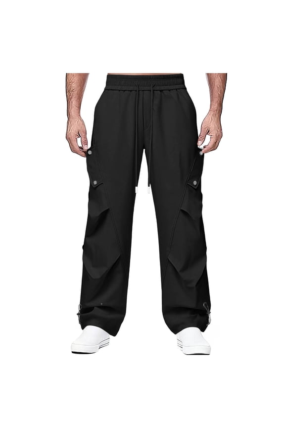 Men's Loose Hiking Pants Solid Color Elastic Waist Drawstring Work Straight Leg Long Pants Waterproof Mountaineering Windbreaker Pants Black XXXXL