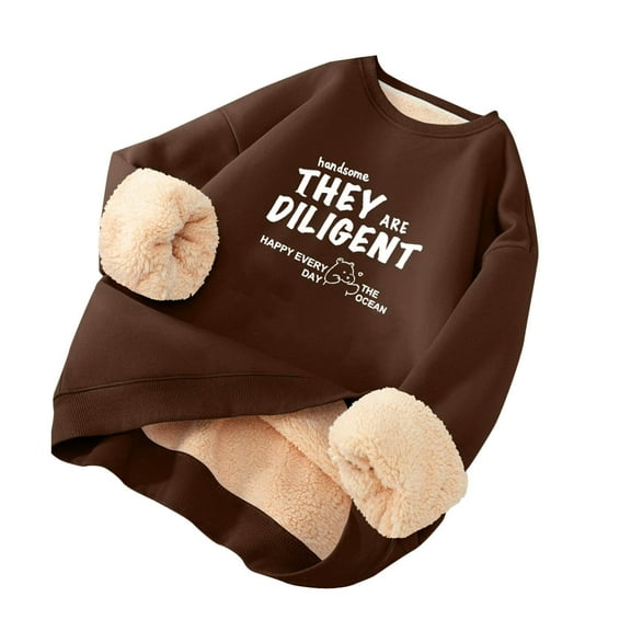 BRGZLK Men's Oversize Sherpa Lined Sweatshirts Fall Winter Trendy Letter Print Thickened Thermal Loose Round Neck Long Sleeves Pullover Blouse Coffee L