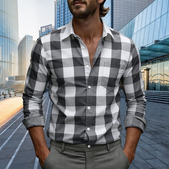 BRGZLK Men's Plaid Shirt Spring Summer Soft Comfy Regular Fit Casual Business Long Sleeve Shirt Top Casual Fashion Work Business Blouse with Pocket Black XXL