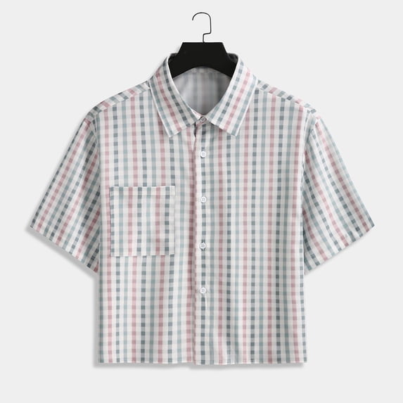 BRGZLK Men's Plaid T-Shirt Short Sleeved Shirt Cotton Regular Fit Casual Shirt Button Exposed Navel