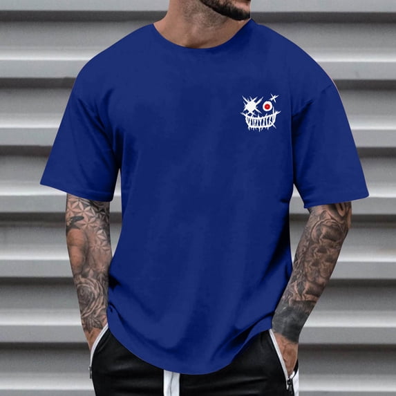 BRGZLK Men's Plus Size Tops Summer Funny Graphic Print Round Neck Short Sleeve Regular Fit Casual Breathable Pullover T-Shirt,Trendy Streetwear Blue L