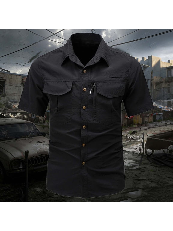 Men's Short Sleeve Tactical Shirts Quick-Dry Short Sleeve Breathable Mesh Shirt Multi-Pocket Loose Comfortable Button Down Outdoor Hiking Tops Black A L