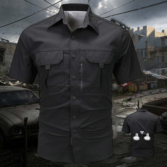 BRGZLK Men's Short Sleeve Tactical Shirts Quick-Dry Short Sleeve Breathable Mesh Shirt Multi-Pocket Loose Comfortable Button Down Outdoor Hiking Tops Black L