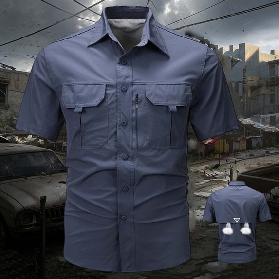 BRGZLK Men's Short Sleeve Tactical Shirts Quick-Dry Short Sleeve Breathable Mesh Shirt Multi-Pocket Loose Comfortable Button Down Outdoor Hiking Tops Dark Blue 4XL