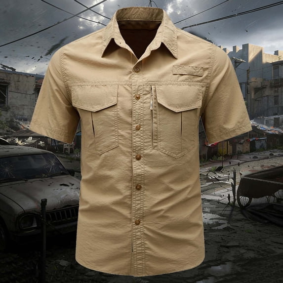 BRGZLK Men's Short Sleeve Tactical Shirts Quick-Dry Short Sleeve Breathable Mesh Shirt Multi-Pocket Loose Comfortable Button Down Outdoor Hiking Tops Khaki A XXL