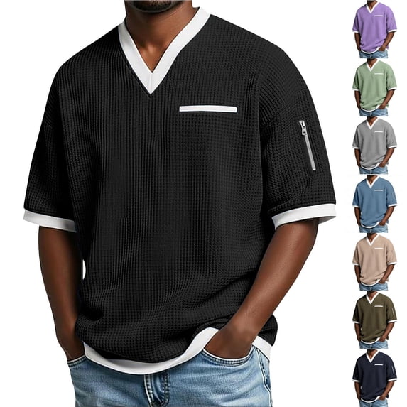 BRGZLK Men's Short Sleeve Waffle Shirts Color Block Loose V Neck Pullovers Casual Summer Versatile Athletic Tee Shirt