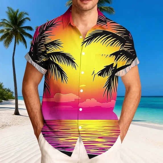 BRGZLK Men's Short Sleeves Hawaiian Shirt Sunset Coconut Printed Button Down Summer Beach Casual Shirts Travel Vacation Top