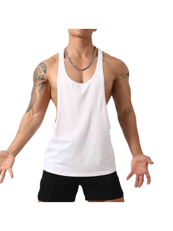 Men's Stringer Tank Tops Summer 2026 Loose Breathable Moisture-Wicking Training Vest Y-Back Bodybuilding Muscle Sleeveless Fitness Tank Tops White XXL