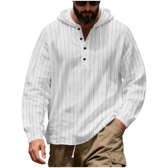 BRGZLK Men's Stripes Hoodie Fashion Long Sleeve Lightweight Drawstring Hooded Button Linen Beach Shirt White M