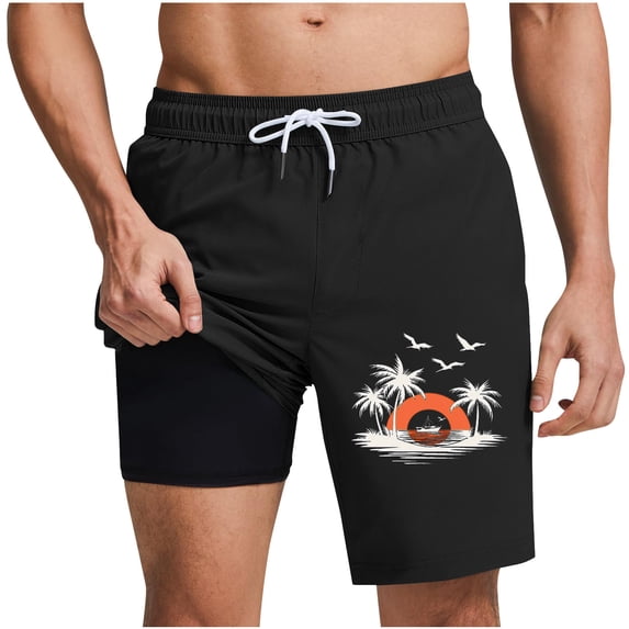BRGZLK Men's Swim Trunks with Compression Liner Fashion Palm Tree Print Quick Dry Lightweight Breathable Board Shorts Summer Beach Swim Trunks Black XXL