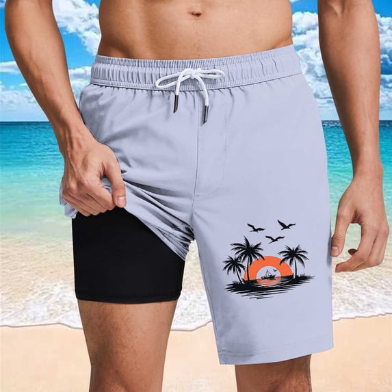 BRGZLK Men's Swim Trunks with Compression Liner Fashion Palm Tree Print Quick Dry Lightweight Breathable Board Shorts Summer Beach Swim Trunks Purple L