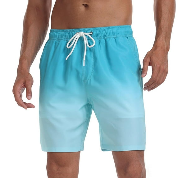 BRGZLK Men's Swim Trunks with Liner Ombre Quick Dry Lightweight Drawstring High Elastic Soft Comfortable Beach Shorts Bathing Suits with Pockets Light Blue S