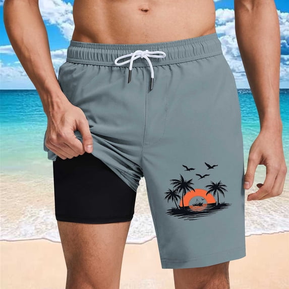 BRGZLK Men's Swim Trunks with Compression Liner Fashion Palm Tree Print Quick Dry Lightweight Breathable Board Shorts Summer Beach Swim Trunks Navy S