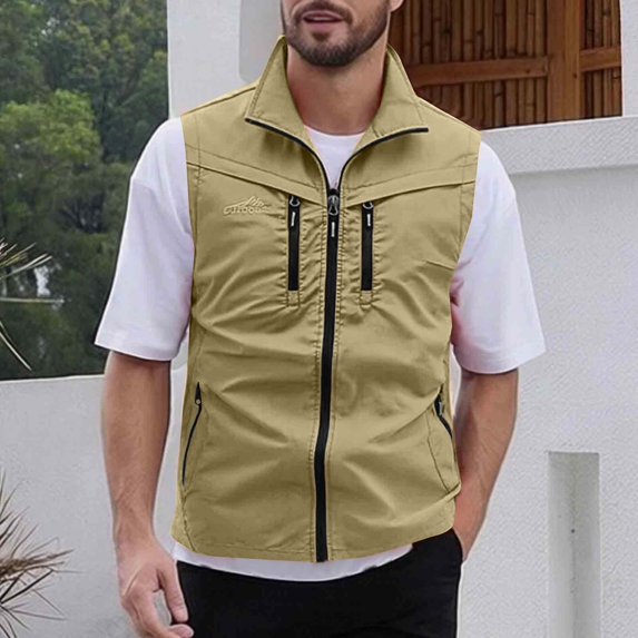BRGZLK Men's Vests Casual Lightweight Zip Up Multi-Pocket Solid Color Vest Waterproof Breathable Waistcoat